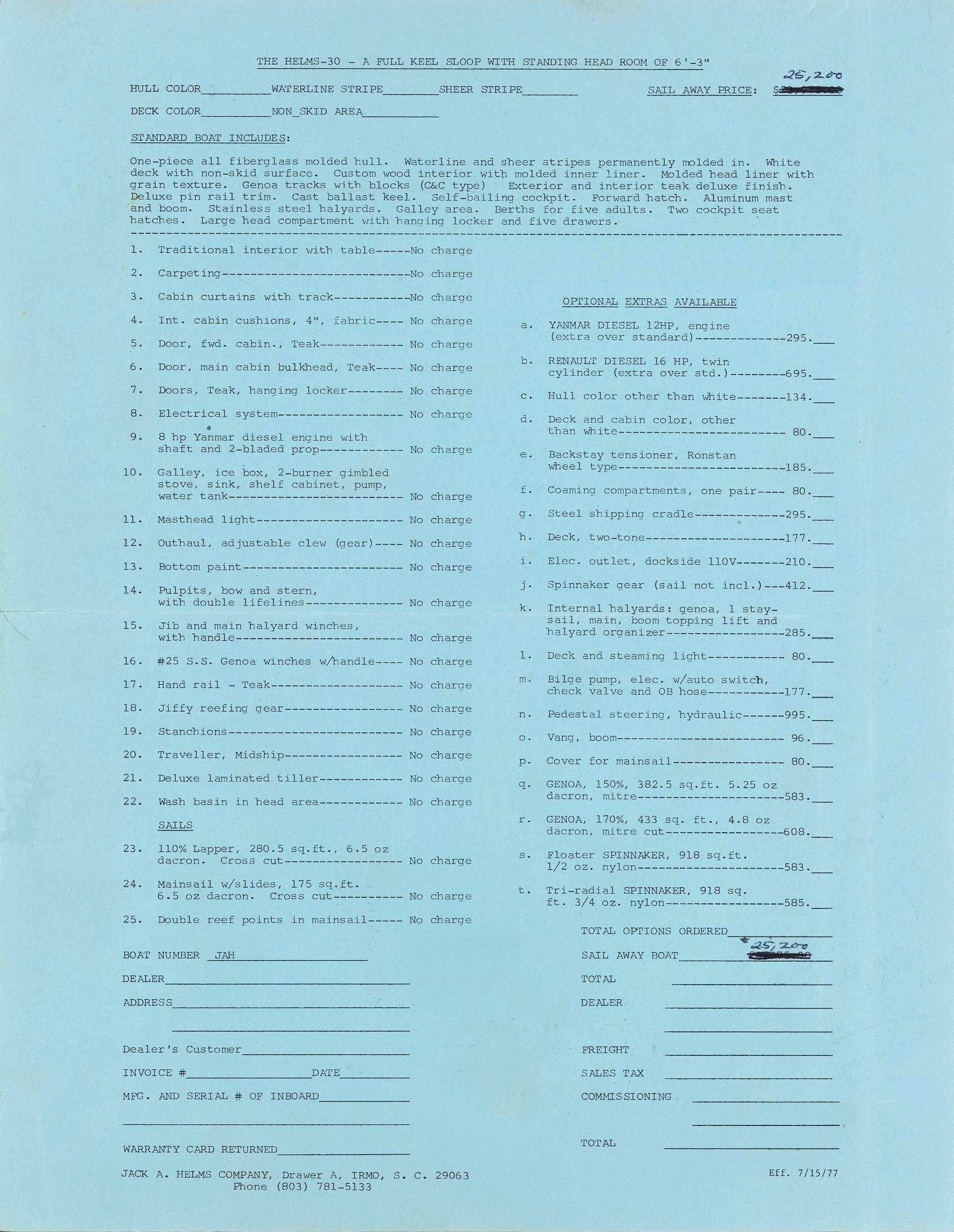 1977 Helms 30 Brochure Inside Price List